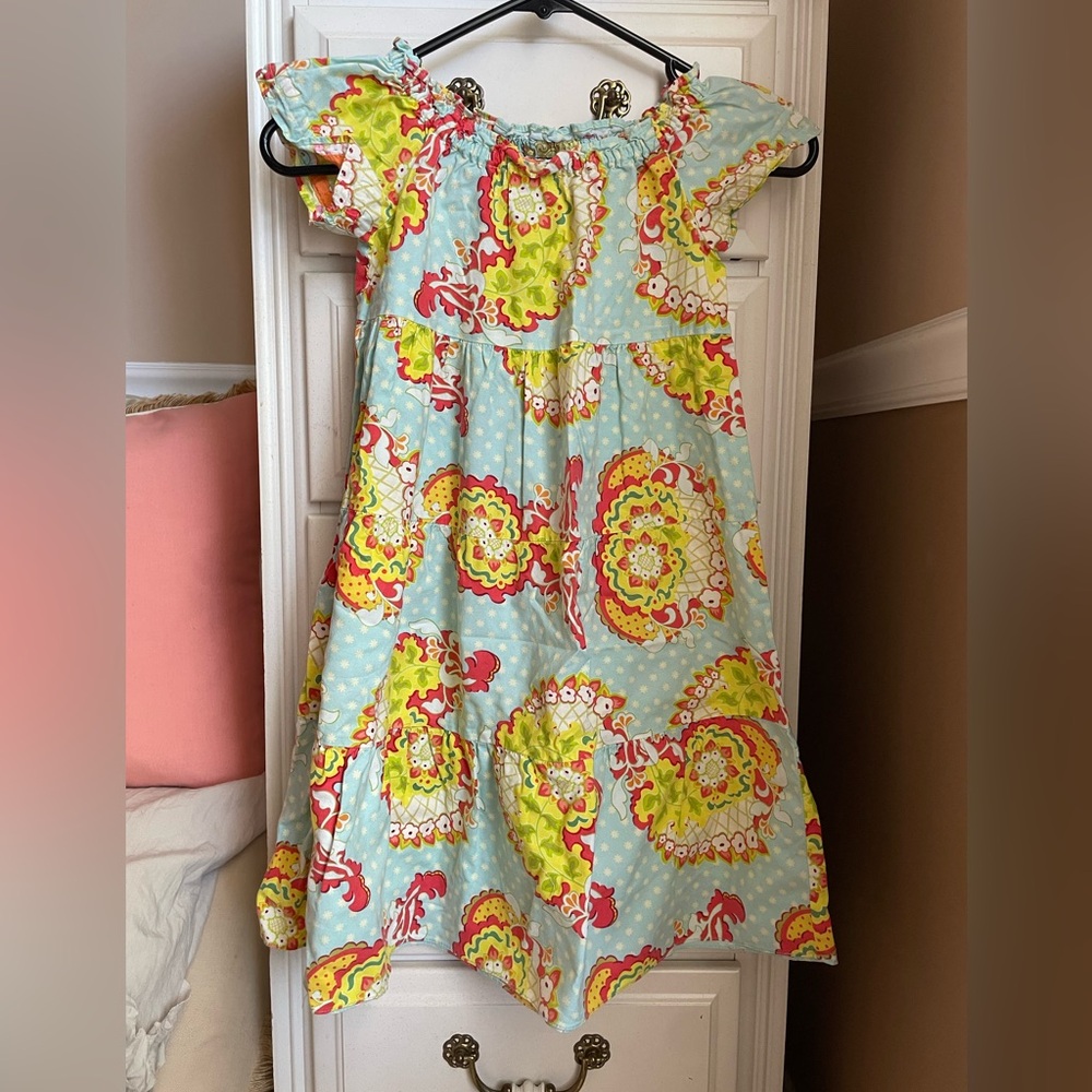 Girls Floral Ruffle Sleeve Dress - Blue & Lime